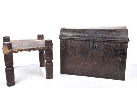 An Ethnic turned wood and animal hide stool, early 20th Century Square shaped stool, height 30cm, together with a painted bla