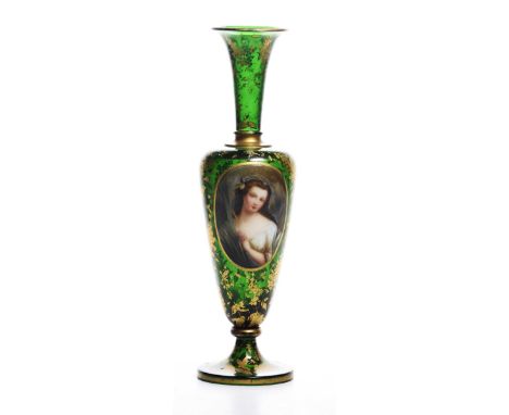 Late 19th Century Bohemian green glass vaseOf baluster form rising from a splayed base, the central tapered body detailed wit