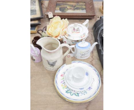 A collection of 19th Century pottery To include teapot with description 'Present from Llanollen,' Evesham teapot, Slipware te