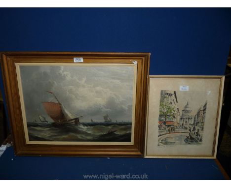 A framed Oil on canvas of seascape with sailing boats, signed lower right J. Ray along with a Parisienne Print.