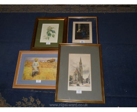 A French lithograph of Alsace, print of ivy in flower, harvest scene with young girl and lithograph of a gentleman sat at his