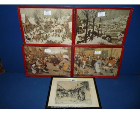 Four German prints along with a black and white print of a French village.