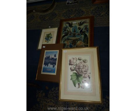 Four framed pictures to include 'Foliosa sinensis rosa' print, a painting on glass of Oriental birds, a/f, etc.