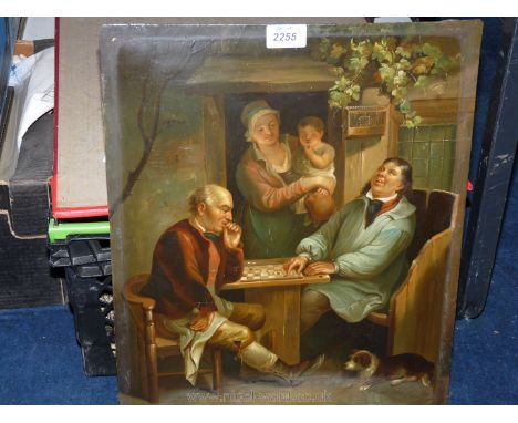 An Oil on metal sheet of men playing draughts outside, overlooked by woman and child.