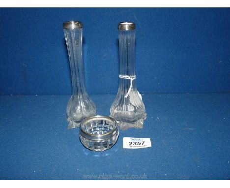 Two cut glass silver mounted stem Vases, both 6" tall hallmarked London plus a cut glass and silver mounted Salt, London.