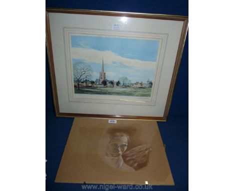A watercolour portrait of German artist Kathe Kollwitz and a Michael Barn Father limited edition Print 'Winterbourne'