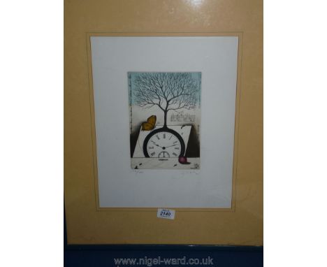An art Print featuring clock, butterfly and tree, surrealist style, signed.