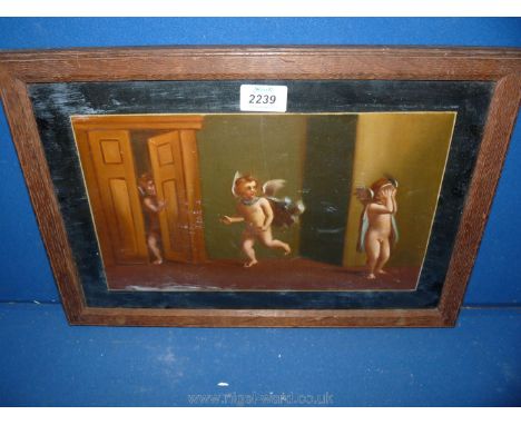 An Oil on board of three cupids playing hide and seek 