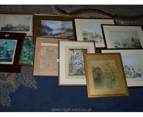 A quantity of pictures to include 'The peasantry in Pembrokeshire' 1972, Oriental outdoor scene, Watercolour of a river scene