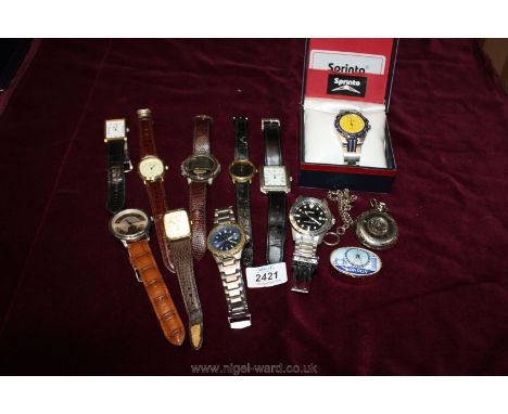 Eleven gentleman's dress watches to include a boxed Sprinto and a white metal pocket watch and chain, etc.,