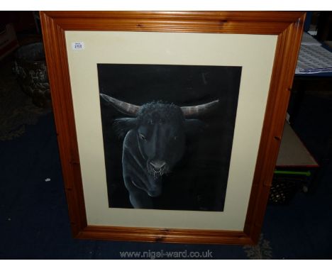 R. Goddard, beautiful Watercolour of horned black Bull with nose ring, in large pine frame, 31" x 36".