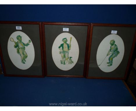 Three oval mounted Prints of tramps in various sporting themes by R. Hill.