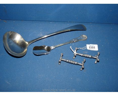 A 20th c. A1 Kings pattern EPNS stilton Scoop 8" long, a pair of white metal knife rests with baluster shape rests plus a lar