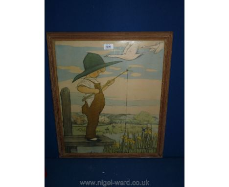 An oak framed Print of boy fishing with geese flying overhead, labelled ''The Challenge Limited'', 59 x 51 cms.