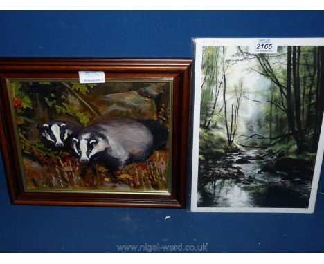 A Print of Grwyne Fechan by David Fletcher and an Oil on board of badgers, signed Lisel. 