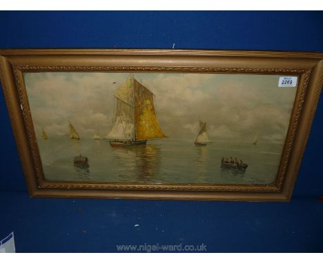 An indistinctly signed seascape print with sailing boats and fishing boat.