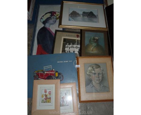 A quantity of pictures to include an Oil on board entitled 'Becky' by Margaret Pearce, 1922 Austin Seven, charcoal portrait o