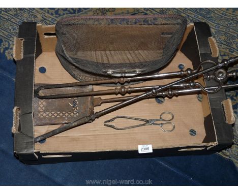 A set of white metal fire irons and fireguard, etc.