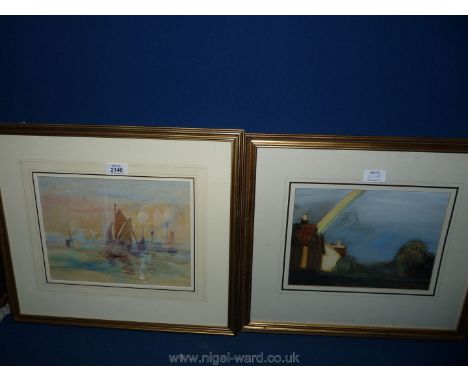 A framed and mounted Watercolour of a house with a rainbow, signed R. Alexander along with a Watercolour entitled verso 'Boat