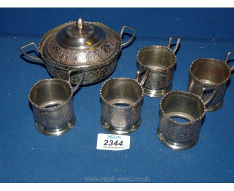 Five 19th/20th c. silver metal tea glass Holders and lidded bowl, design indicates Russia/Mongolia, 338 gm.