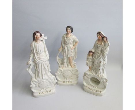 A Set of Three Rare Staffordshire Portrait Figures of Faith, Hope and Charity, The figures are white, but with flesh and hair