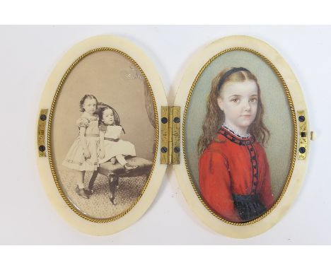 Victorian ivory double portrait miniature case, oval form opening to reveal a painted portrait miniature of Margaret Carr, ha