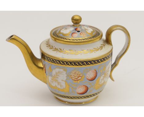 Spode porcelain teapot and cover, circa 1810-20, decorated with a band of hops in terracotta and gilt against a sky blue grou