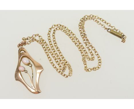 Murrle Bennett & Co. 9ct gold and opal open pendant, of lozenge shape set with two oval opals and two tiny seed pearls, appro