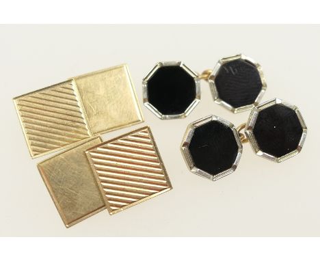 Pair of white and yellow gold black onyx chain cufflinks; and a pair of 9ct gold engine turned square chain cufflinks, gross 