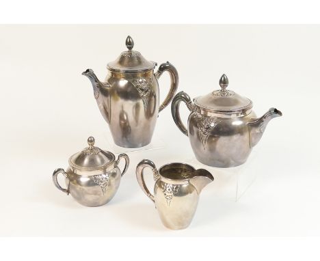 Secessionist silver plated four piece tea service, comprising teapot, hot water jug, milk jug and lidded sugar basin, all wit