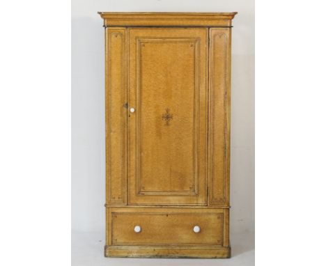 Victorian scumballed pine wardrobe, circa 1880, having a simulated birds eye maple finish with painted black line detail, oge