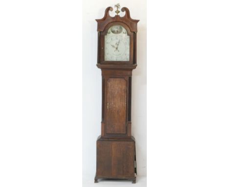 Oak and mahogany banded thirty hour longcase clock by T Mawkes, Belper, the hood centred with a winged eagle brass finial and