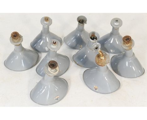 Nine Benjamin Saaflux grey enamelled industrial lighting units, height 36cm