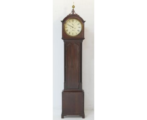 Scottish mahogany eight day longcase clock by J Scott, Edinburgh (?), the arched hood with a single brass ball finial, brass 