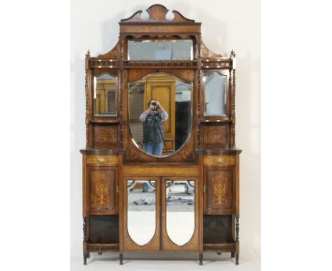 Late Victorian rosewood and inlaid salon cabinet, the back centred with a large shield shaped bevelled glass mirror flanked b