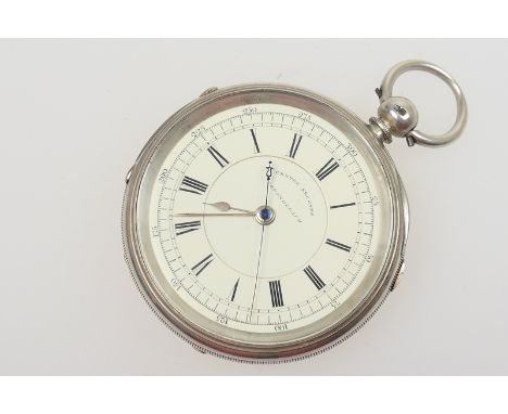 Victorian silver chronograph pocket watch, Chester 1884, the white dial with Roman numerals and centre sweep seconds, the bac