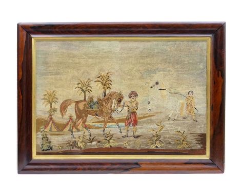 Late Georgian silk and woollen needlework tapestry, depicting an Arab prince and his finest horse, mounted within a contempor