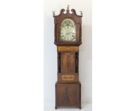 Mahogany and inlaid eight day longcase clock by Bostock, Sandbach, the hood with three brass ball finials over turned and wry