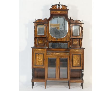 Victorian rosewood and inlaid salon cabinet, the mirrored back centred with a ball finial pediment flanked with small shelves