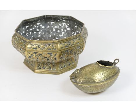 Eastern style cast brass octagonal bowl, pierced with scrolling foliage, 21cm; also a Middle Eastern cast brass hanging oil l