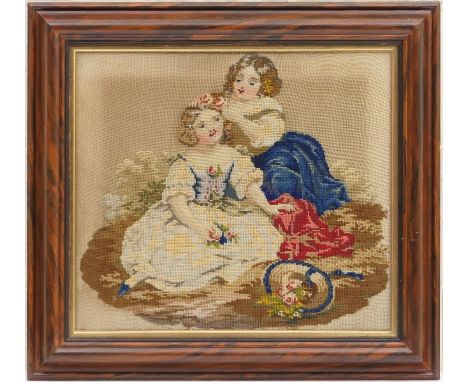 Victorian gross-point tapestry, Siblings, mounted within a stained ogee moulded wooden frame, 60cm x 66cm