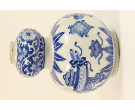 Chinese blue and white double gourd bottle vase, Kangxi (1662-1722), decorated with precious objects within bands of stiff le