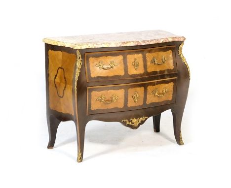 French style kingwood and walnut bombe commode, the yellow flecked white marble top over two long drawers, crossbanded and wi