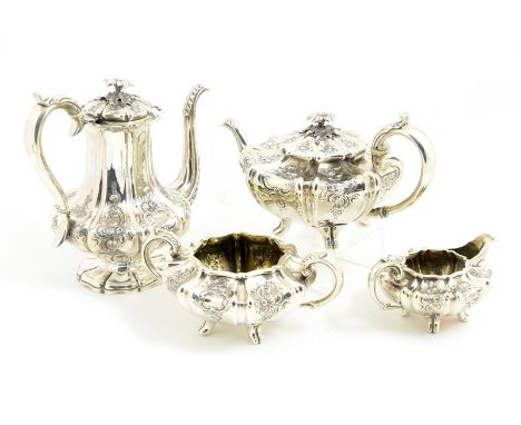 William IV silver harlequin four piece tea and coffee service, maker EB, probably Edward Barnard, London 1833/4, comprising l