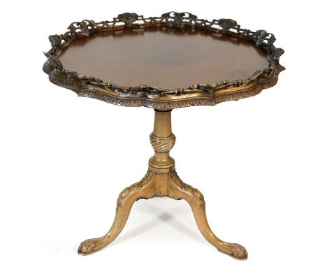 Georgian style carved mahogany tray top tripod table in the Chippendale style, the top with a carved and pierced galleried ed