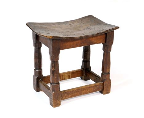 Robert 'Mouseman' Thompson of Kilburn oak stool, circa 1930s, pollard oak seat on chamfered legs carved with a mouse, over a 