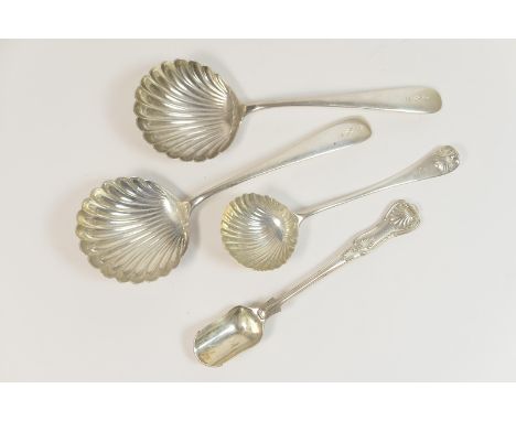 Modern silver Kings pattern cheese scoop, Sheffield 1996, also a pair of American sterling silver scalloped bowl fruit spoons