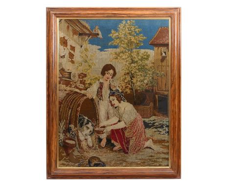 Large Victorian gross-point tapestry, The sick companion, featuring children attending to a pet dog, mounted within an ogee m