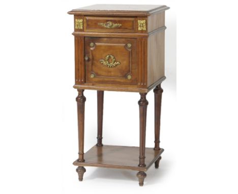 French Napoleon III walnut night table, with scagliola marble top over an ormolu mounted frieze drawer and cupboard door bene