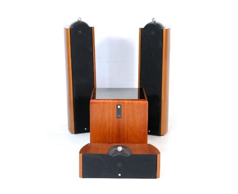 Pair of KEF model 205 freestanding tower speakers, height 116cm; also a 202C speaker and a PSW4000 subwoofer (4)